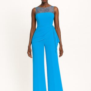 BEADED YOKE DRAPED JUMPSUIT (IN BRIGHT BLUE)