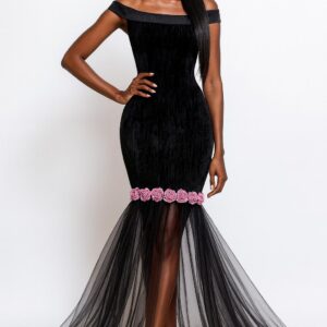 BLACK OFF-SHOULDER ROSE TULLE GOWN