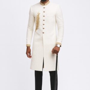 IVORY JACQUARD LONG SUIT WITH GOLD PALM EMBELLISHMENT