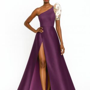 FLORAL DAMASK MONOSLEEVE PURPLE SLIT FLARED GOWN