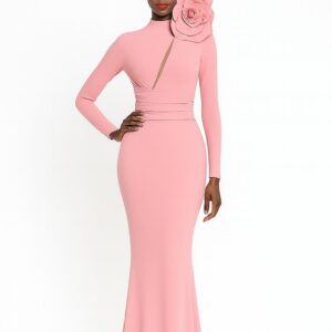 PINK BODYCON GOWN WITH GIANT 3D ROSE