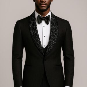 BLACK BEADED SHAWL LAPEL TUXEDO, WAIST COAT + MATCHING TROUSERS