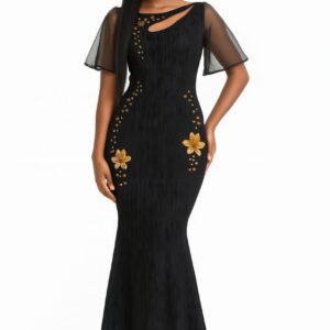 BLACK EMBELLISHED DRAPED CUTOUT MERMAID GOWN