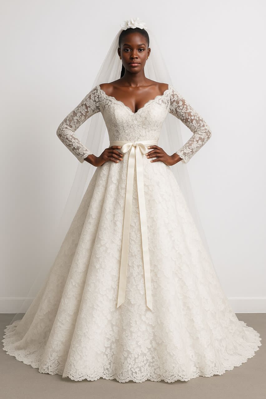 OFF-SHOULDER LACE BALL GOWN WITH SASH BELT
