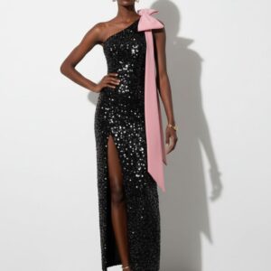 BLACK SEQUIN PINK BOW GOWN