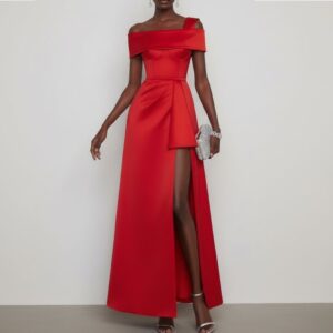RED OFF SHOULDER STRUCTURED PLEATED SLIT GOWN