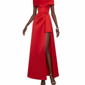 RED OFF SHOULDER STRUCTURED PLEATED SLIT GOWN