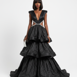 BLACK CUT-OUT TIERED GOWN