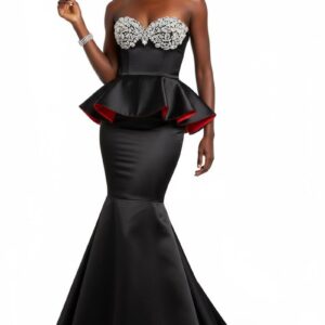 BLACK PEPLUM GOWN WITH CRYSTAL BEADED BUST