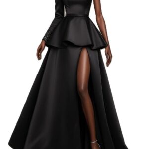 BLACK MONOSLEEVE OPEN-SLIT PEPLUM GOWN