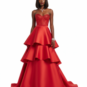 RED BEADED CORSET TIERED GOWN