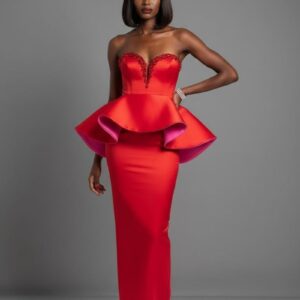 RED-PINK PEPLUM BEADED GOWN