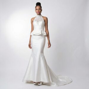 WHITE LACE HIGH NECK PEPLUM GOWN