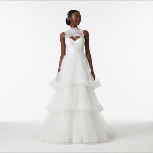 LACE YOKE TIERED TULLE GOWN
